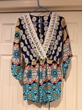 ILLA ILLA Navy and Cream Lace-Trim Printed Romper